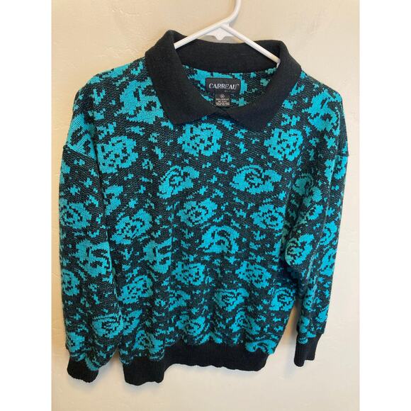 Carreau 80's Vintage Blue Floral Collared 80’s Long Sleeve Sweater Size Medium - Picture 2 of 8